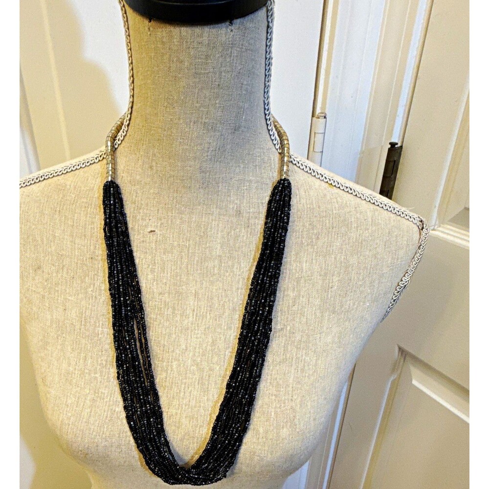 Black Multi-Strand Glass Beaded Necklace Silver Tone Snake Chain Lobster Adj
